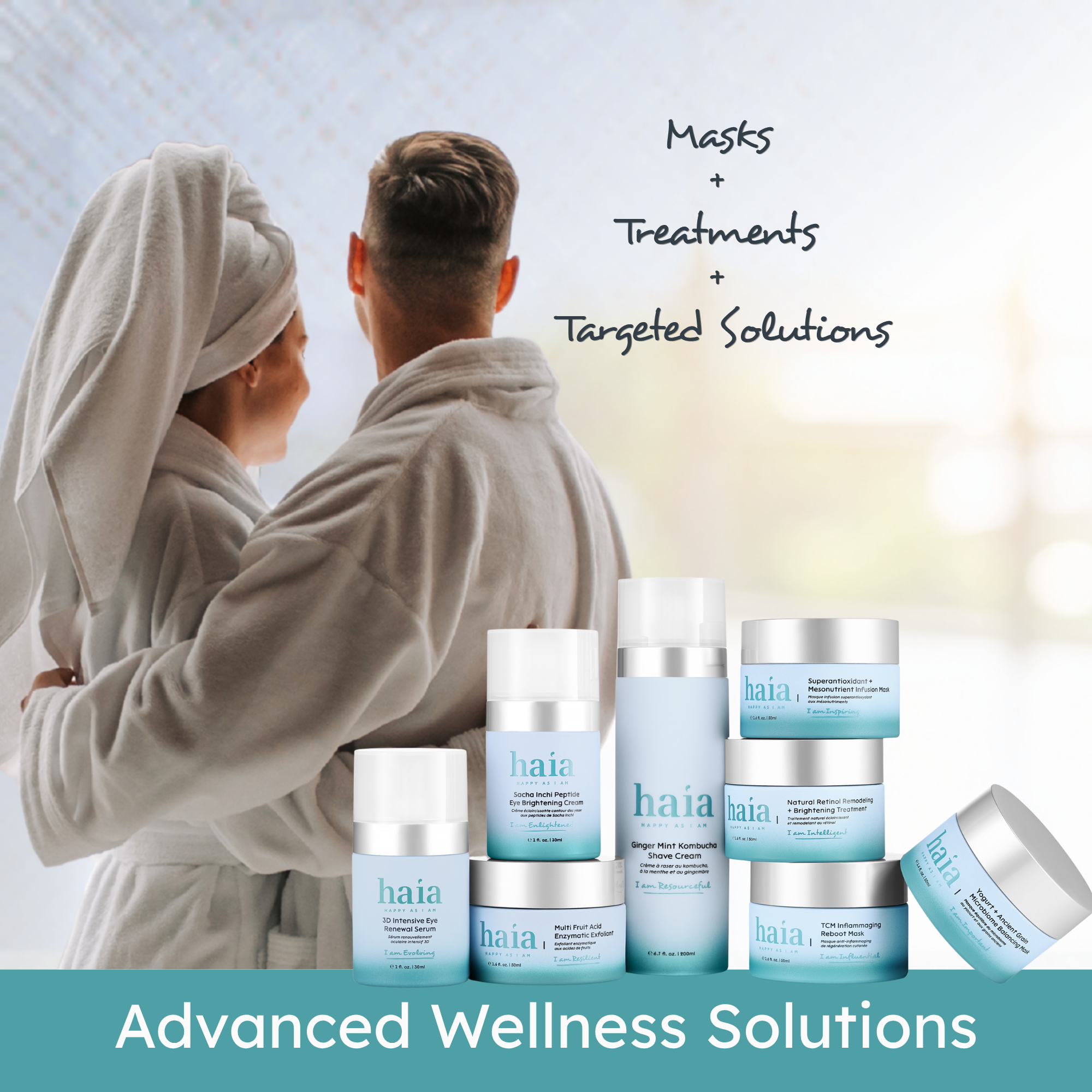 Two people in bathrobes with haia advanced wellness solutions collection skincare products on a light background