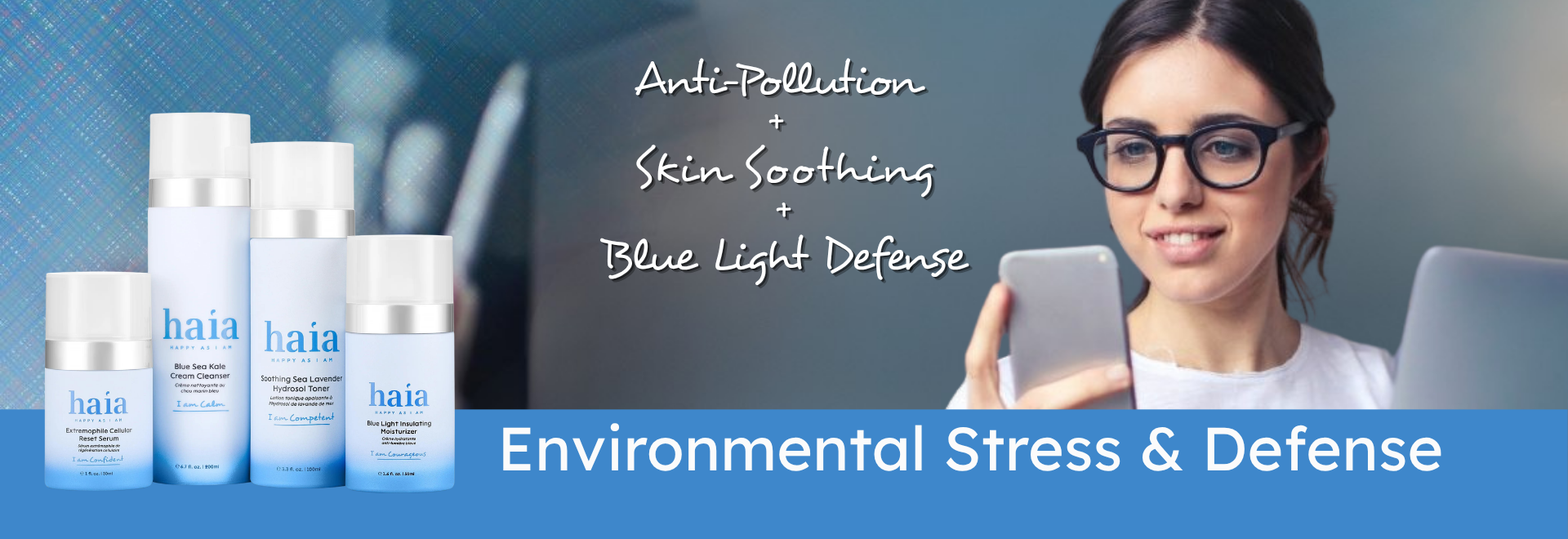 Woman using a smartphone with skincare products and text about environmental defense on a blue background