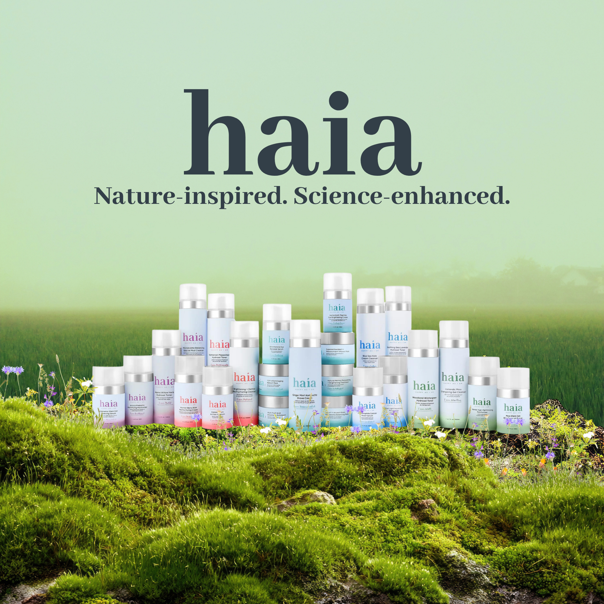 haia skincare products on a grassy field with a green background titled nature-inspired. science-enhanced